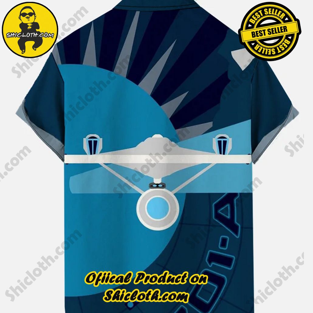 Retro Navy And Blue Poster Sci-Fi Interstellar Travel Spaceship Printing Short Sleeve Shirt Retro Navy And Blue Poster Sci-Fi Interstellar Travel Spaceship Printing Short Sleeve Shirt