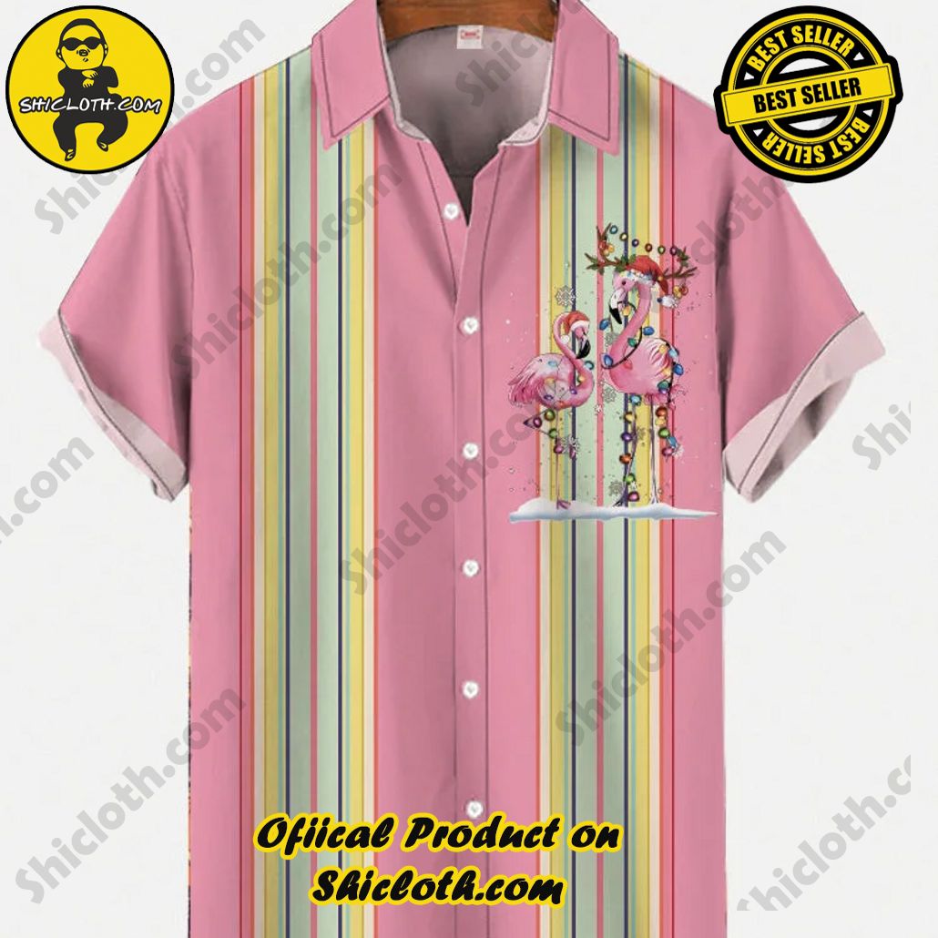 Bare the Breeze: Shiclothshop's Short Sleeve Shirts Unveiled 154 Retro Pink And Colorful Stripe Stitching Christmas Flamingos And Holiday Lights Printing Short Sleeve Shirt