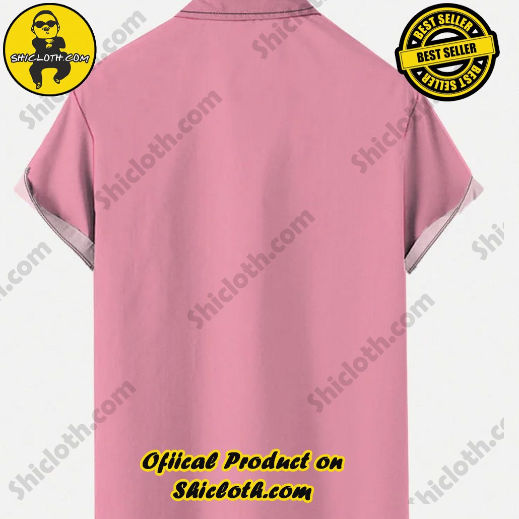 Retro Pink And Colorful Stripe Stitching Christmas Flamingos And Holiday Lights Printing Short Sleeve Shirt Retro Pink And Colorful Stripe Stitching Christmas Flamingos And Holiday Lights Printing Short Sleeve Shirt