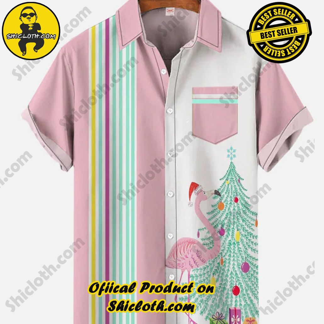 Bare the Breeze: Shiclothshop's Short Sleeve Shirts Unveiled 155 Retro Pink And White Stitching Christmas Tree And Christmas Flamingo Printing Breast Pocket Short Sleeve Shirt