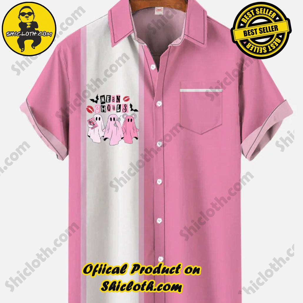 Retro Pink And White Stitching Cute Ghosts Halloween Printing Breast Pocket Short Sleeve Shirt Retro Pink And White Stitching Cute Ghosts Halloween Printing Breast Pocket Short Sleeve Shirt