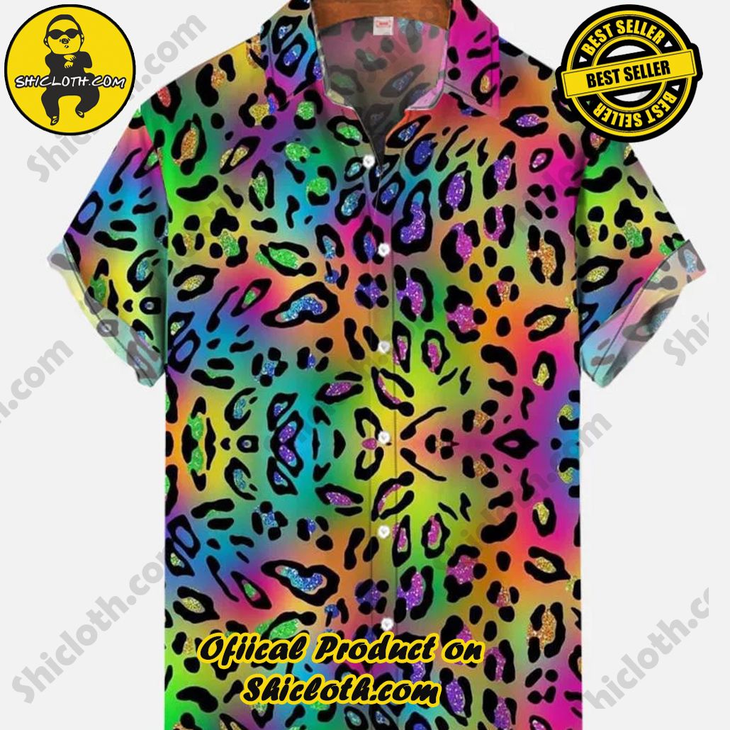 Shicloth's Tropical Elegance: Embrace Summer Vibes with Our Hawaiian Shirt and Shorts Set 62 Retro Rainbow Leopard Pattern Printing Short Sleeve Shirt