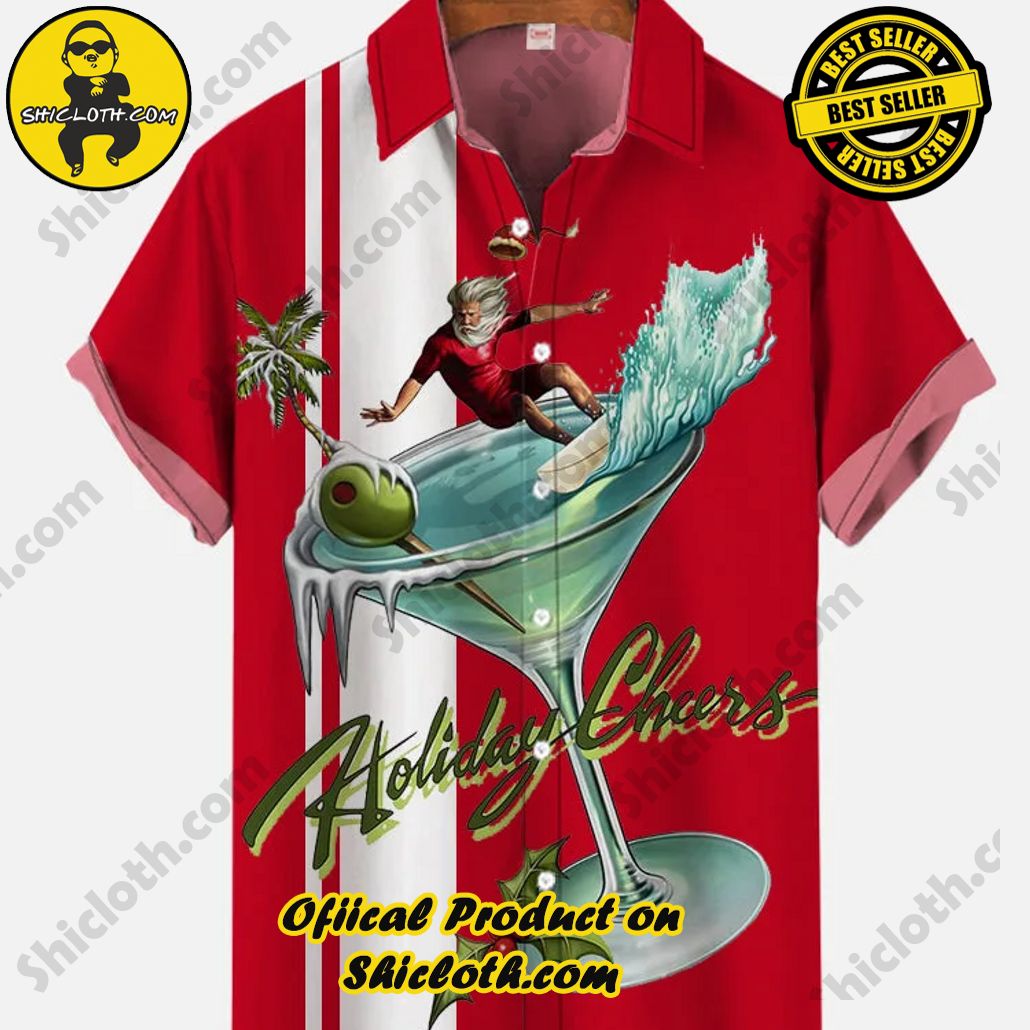 Bare the Breeze: Shiclothshop's Short Sleeve Shirts Unveiled 158 Retro Red And White Stitching Goblet Surfer Santa Printing Short Sleeve Shirt
