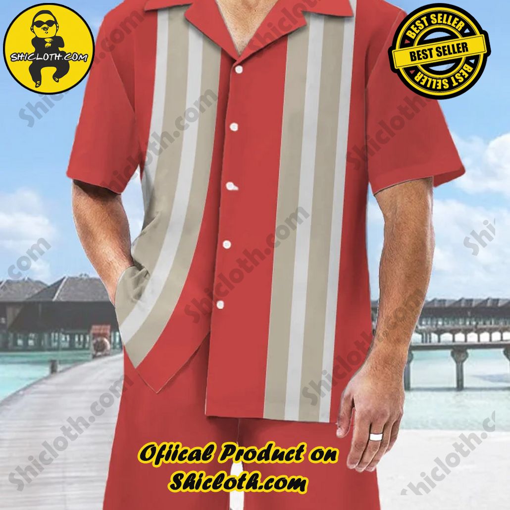 Bare the Breeze: Shiclothshop's Short Sleeve Shirts Unveiled 161 Retro Red And White Strips Stitching Printing Hawaiian Cuban Collar Short Sleeve Shirt Set