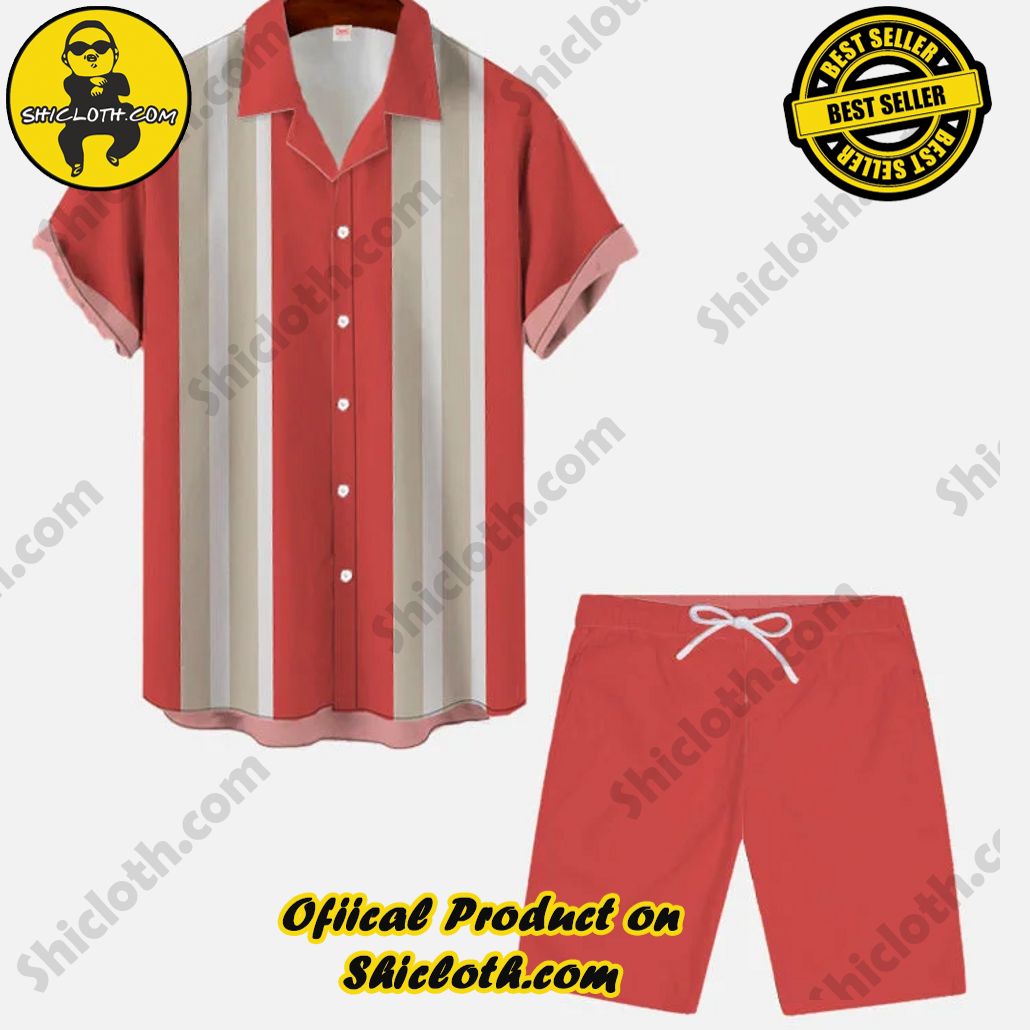 Retro Red And White Strips Stitching Printing Hawaiian Cuban Collar Short Sleeve Shirt Set Retro Red And White Strips Stitching Printing Hawaiian Cuban Collar Short Sleeve Shirt Set