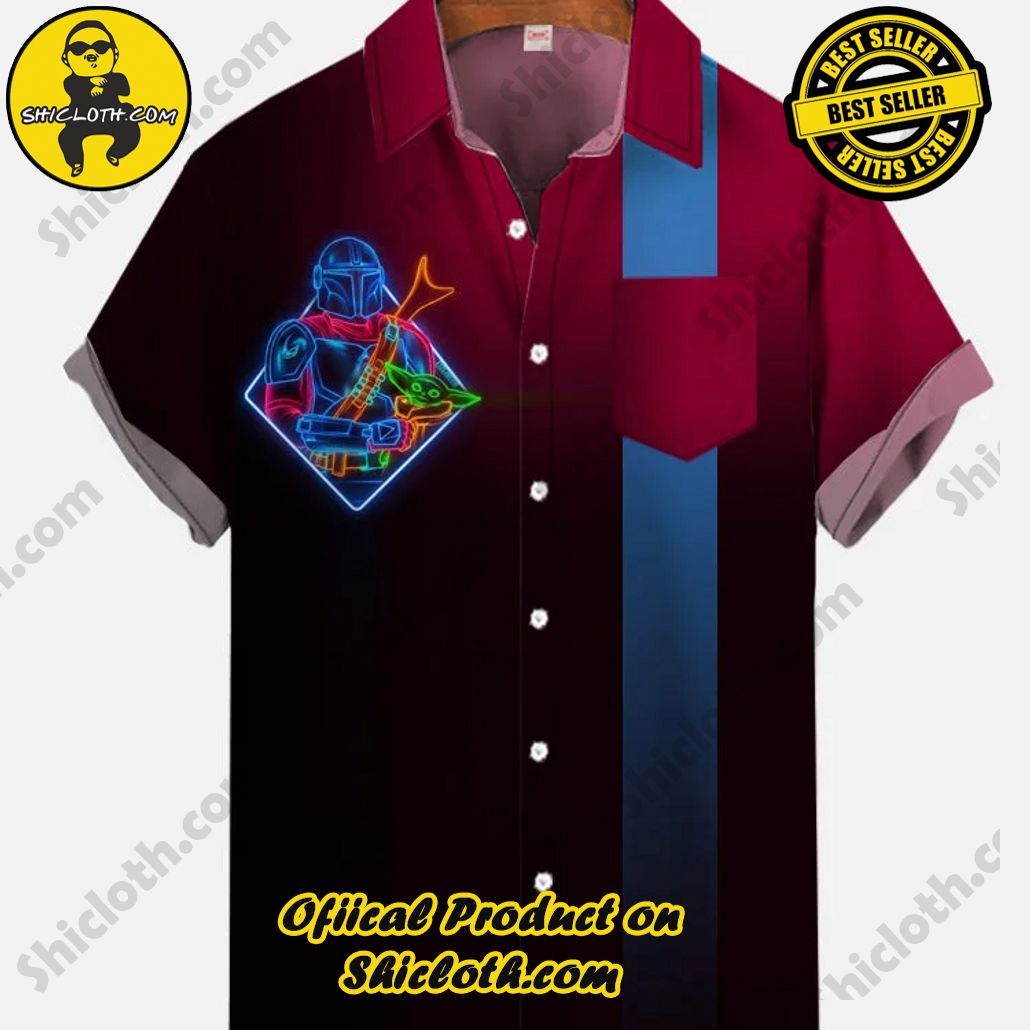 Bare the Breeze: Shiclothshop's Short Sleeve Shirts Unveiled 68 Retro Red Black Gradient And Blue Striped Neon Space War Samurai Printing Breast Pocket Short Sleeve Shirt