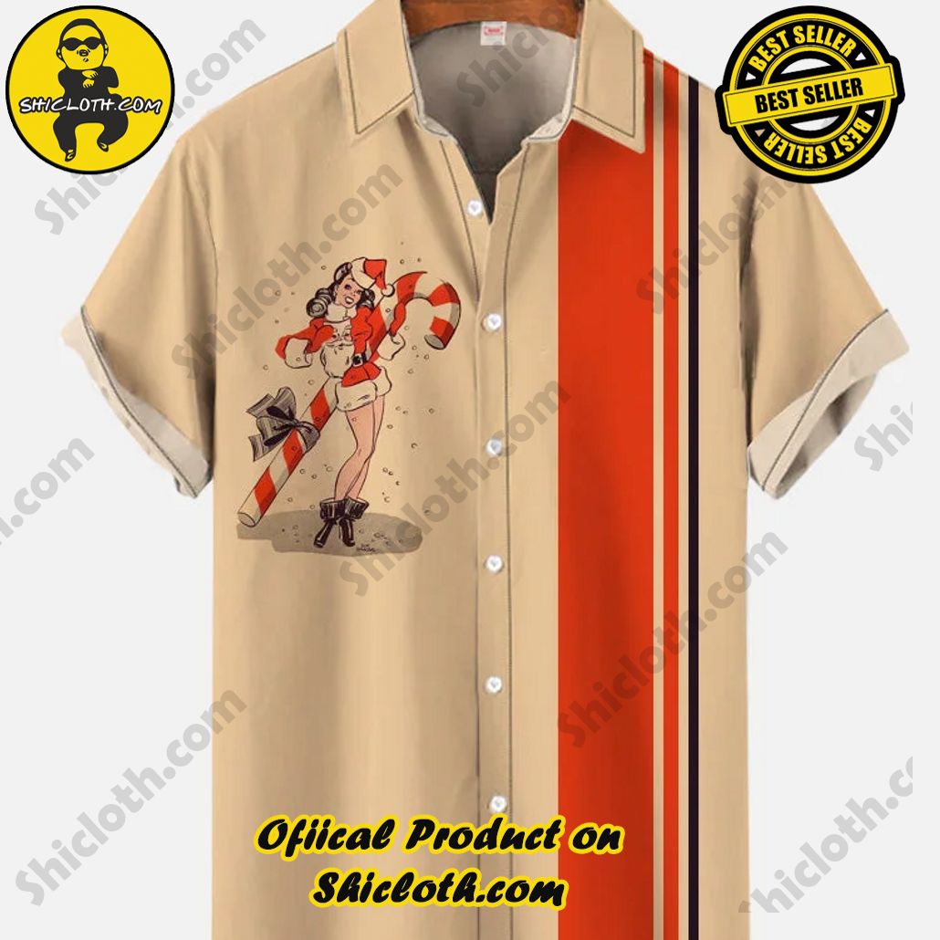 Retro Stripes Christmas Elements Candy Cane And Christmas Girl Printing Short Sleeve Shirt Retro Stripes Christmas Elements Candy Cane And Christmas Girl Printing Short Sleeve Shirt