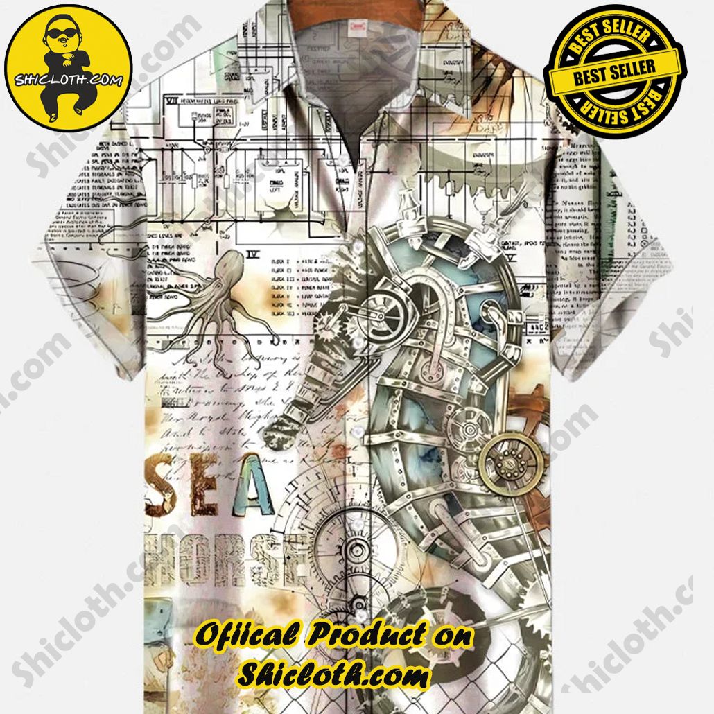 Bare the Breeze: Shiclothshop's Short Sleeve Shirts Unveiled 164 Retro Style Mechanical Art Steampunk Seahorse Printing Short Sleeve Shirt