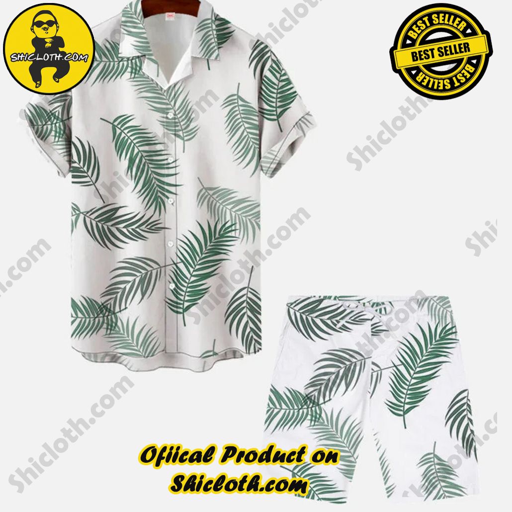 Retro Tropical Leaves Printing Hawaiian Cuban Collar Short Sleeve Shirt Set Retro Tropical Leaves Printing Hawaiian Cuban Collar Short Sleeve Shirt Set