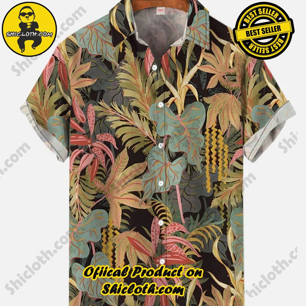 Shicloth's Tropical Elegance: Embrace Summer Vibes with Our Hawaiian Shirt and Shorts Set 65 Retro Tropical Rainforest Plant Leaves Printing Hawaiian Short Sleeve Shirt