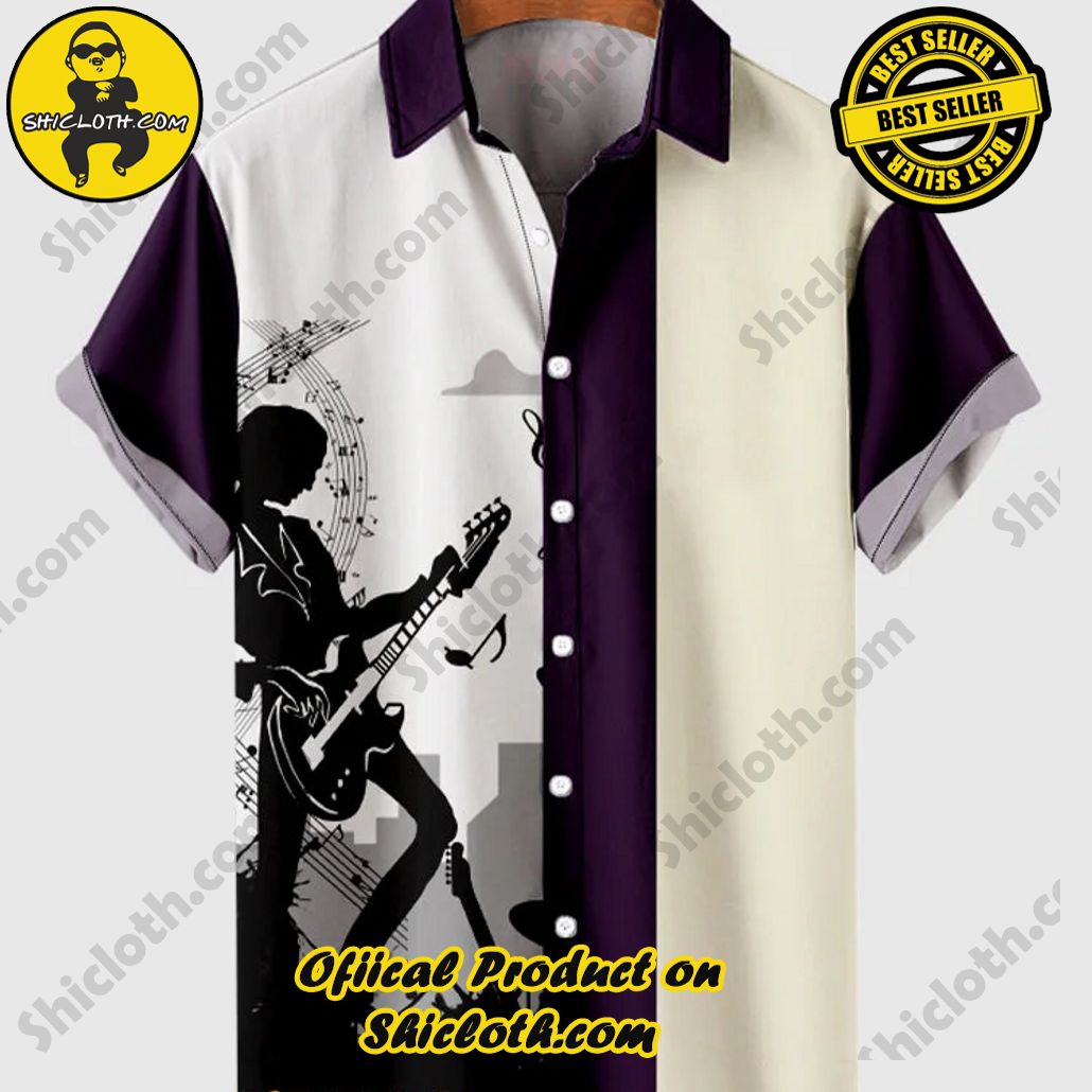 Shiclothshop's Short Sleeve Shirts – Effortless Elegance and Contemporary Comfort 34 Rockabilly style Vintage DarkPurple & White Stitching Rock Musician Printing Men's Short Sleeve Shirt