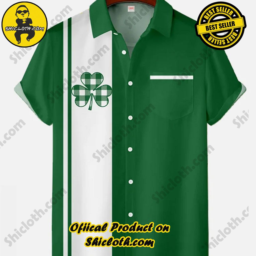 Bare the Breeze: Shiclothshop's Short Sleeve Shirts Unveiled 169 St. Patrick's Day 50s Green And White Stripe Lucky Clover Printing Short Sleeve Shirt
