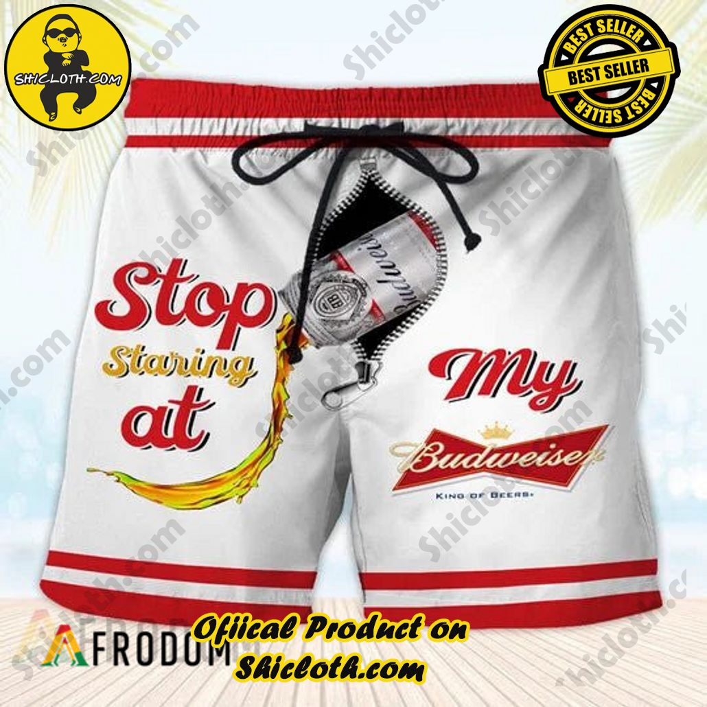 Shicloth's Island Chic: Unleash the Summer Spirit with Our Hawaiian Shirt and Shorts Ensemble 59 Stop Staring At My Budweiser Hawaiian Shorts
