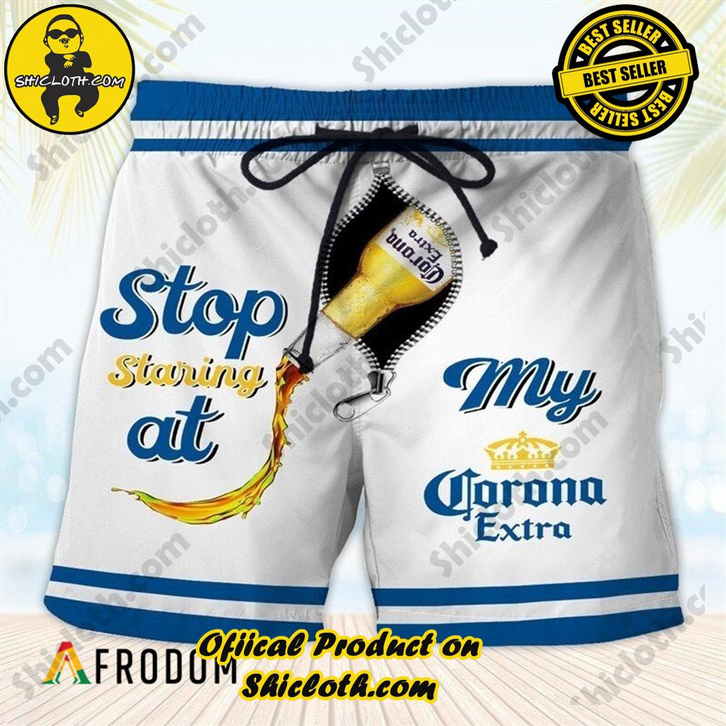 Shicloth's Island Chic: Unleash the Summer Spirit with Our Hawaiian Shirt and Shorts Ensemble 61 Stop Staring At My Corona Extra Hawaiian Shorts