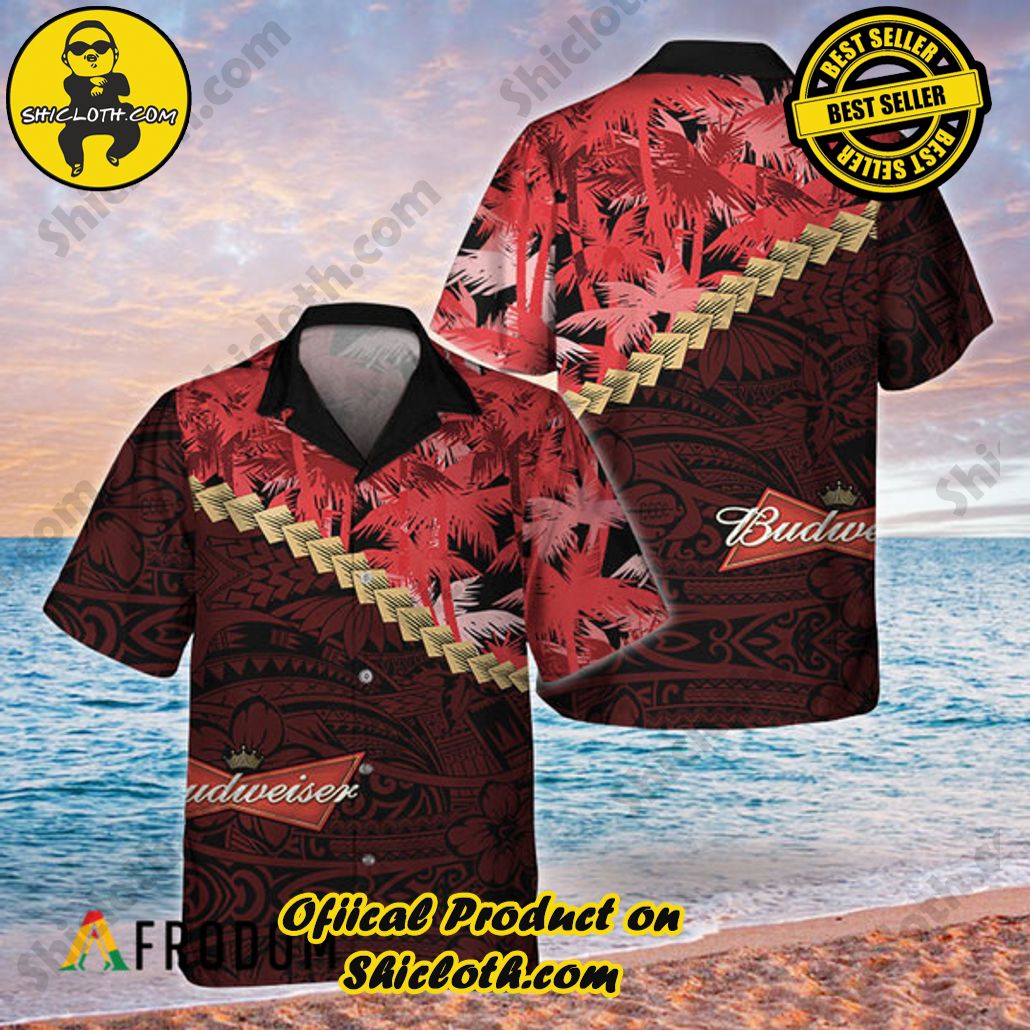 Shicloth's Island Chic: Unleash the Summer Spirit with Our Hawaiian Shirt and Shorts Ensemble 126 Summer Palm Tree Blend Polynesian Budweiser Hawaiian Shirt