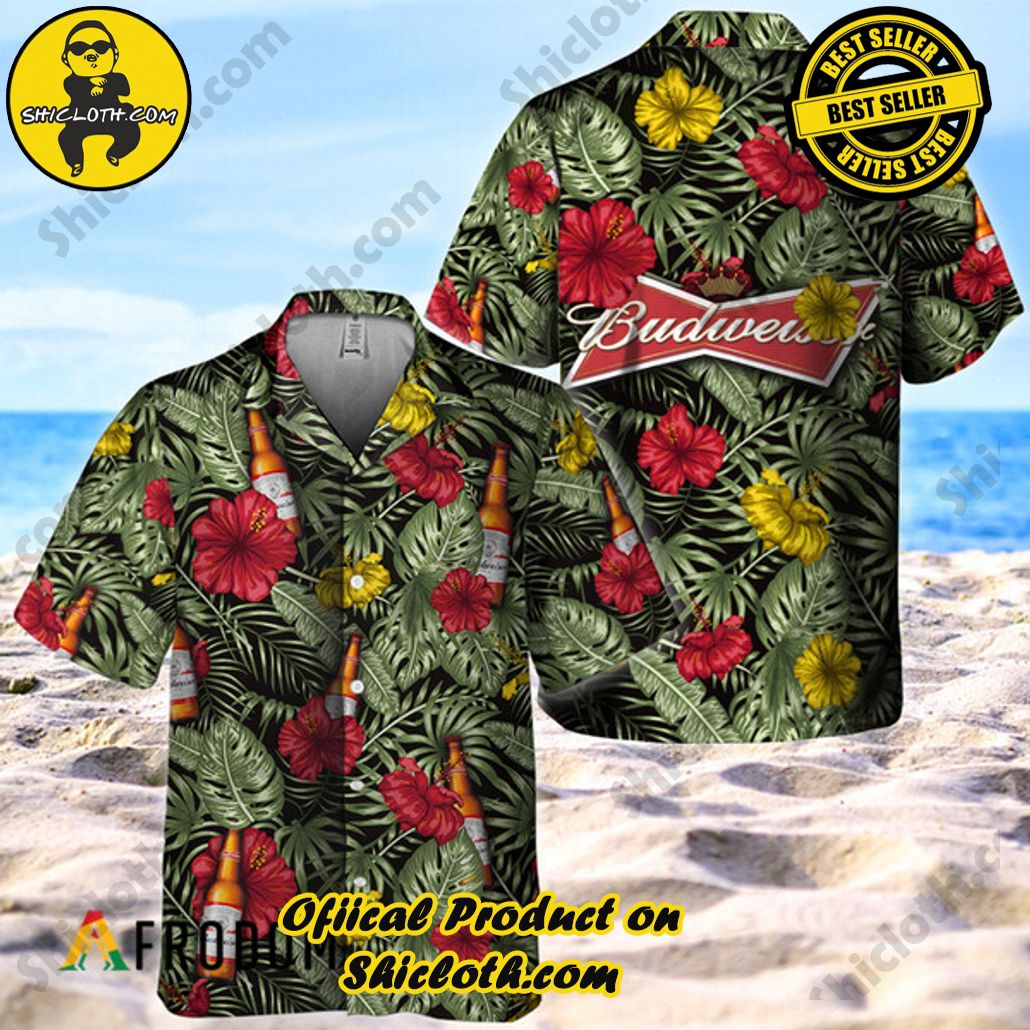 Shicloth's Island Chic: Unleash the Summer Spirit with Our Hawaiian Shirt and Shorts Ensemble 160 Tropical Flower With Palm Leaves Budweiser Hawaiian Shirt