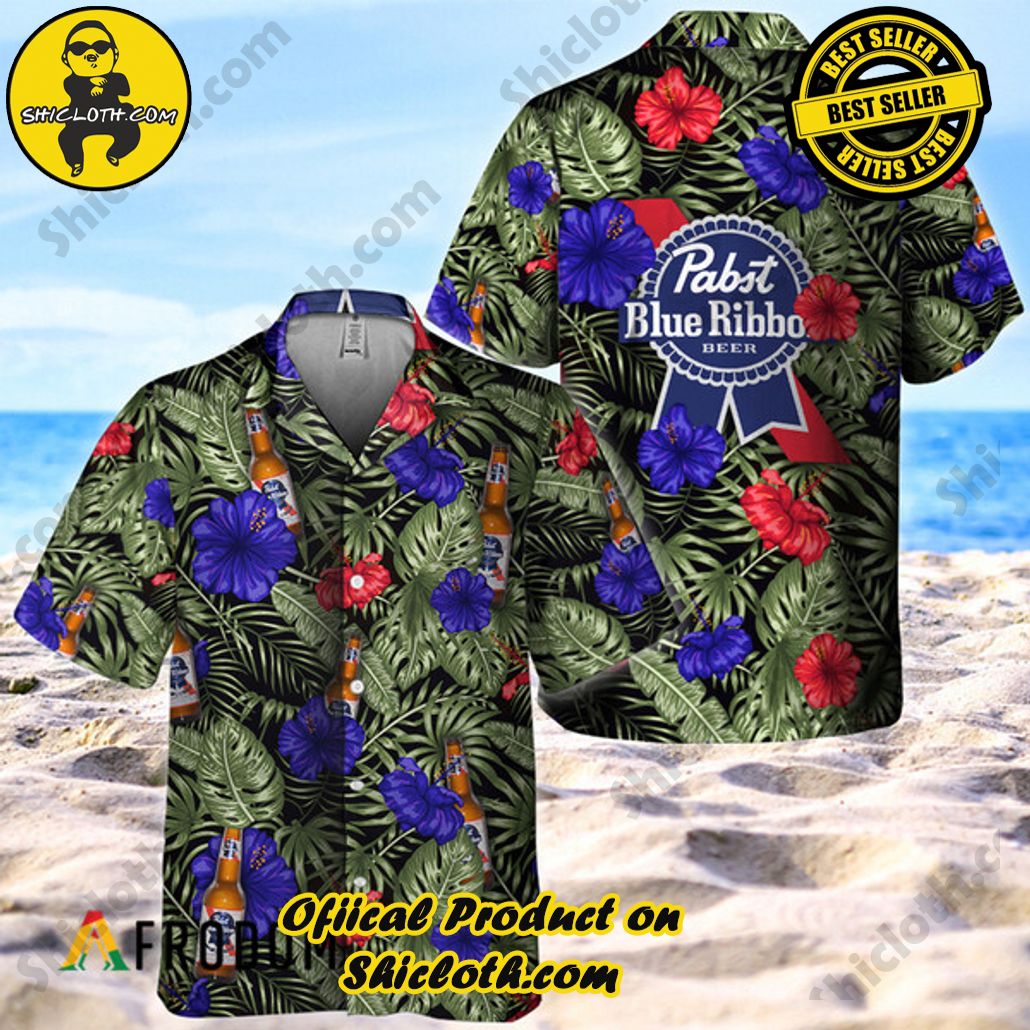 Shicloth's Island Chic: Unleash the Summer Spirit with Our Hawaiian Shirt and Shorts Ensemble 166 Tropical Flower With Palm Leaves Pabst Blue Ribbon Hawaiian Shirt