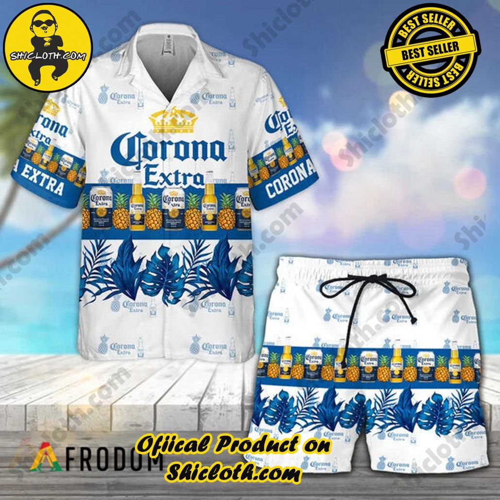 Shicloth's Island Chic: Unleash the Summer Spirit with Our Hawaiian Shirt and Shorts Ensemble 169 Tropical Pineapple Corona Extra Hawaiian Shirt And Shorts Set