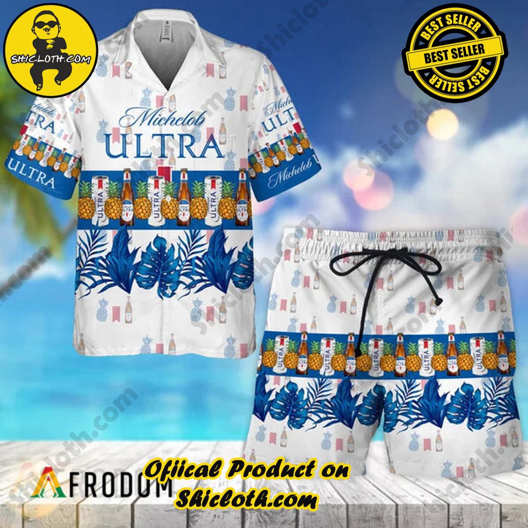 Shicloth's Island Chic: Unleash the Summer Spirit with Our Hawaiian Shirt and Shorts Ensemble 172 Tropical Pineapple Michelob ULTRA Hawaiian Shirt And Shorts Set
