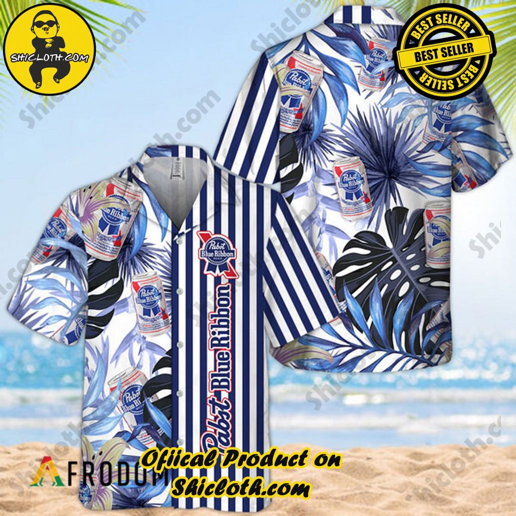Shicloth's Island Chic: Unleash the Summer Spirit with Our Hawaiian Shirt and Shorts Ensemble 175 Tropical Plant Leaf Pabst Blue Ribbon Hawaiian Shirt