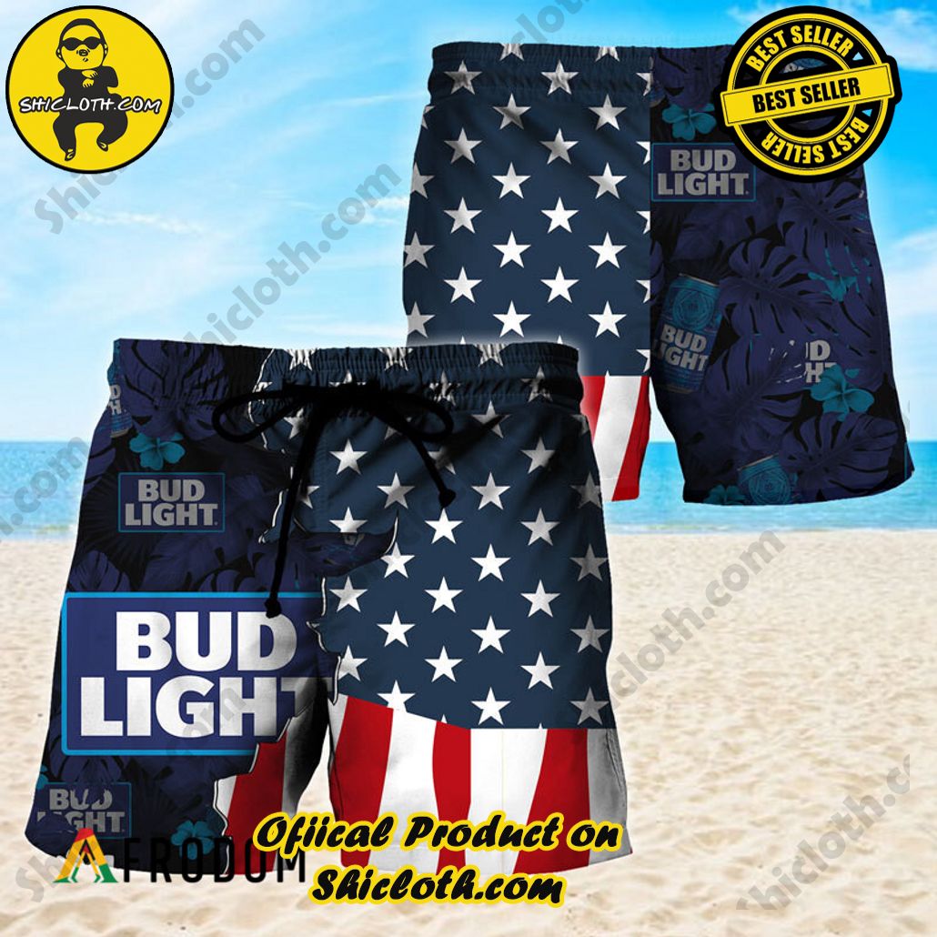 Shicloth's Island Chic: Unleash the Summer Spirit with Our Hawaiian Shirt and Shorts Ensemble 220 USA Tropical Flag Bud Light Hawaiian Shorts