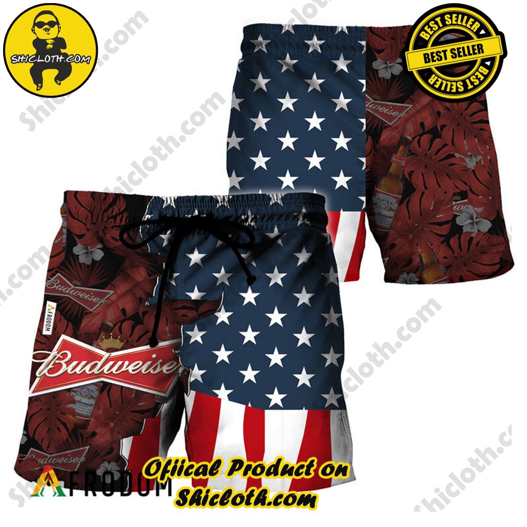 Shicloth's Island Chic: Unleash the Summer Spirit with Our Hawaiian Shirt and Shorts Ensemble 221 USA Tropical Flag Budweiser Hawaiian Shorts