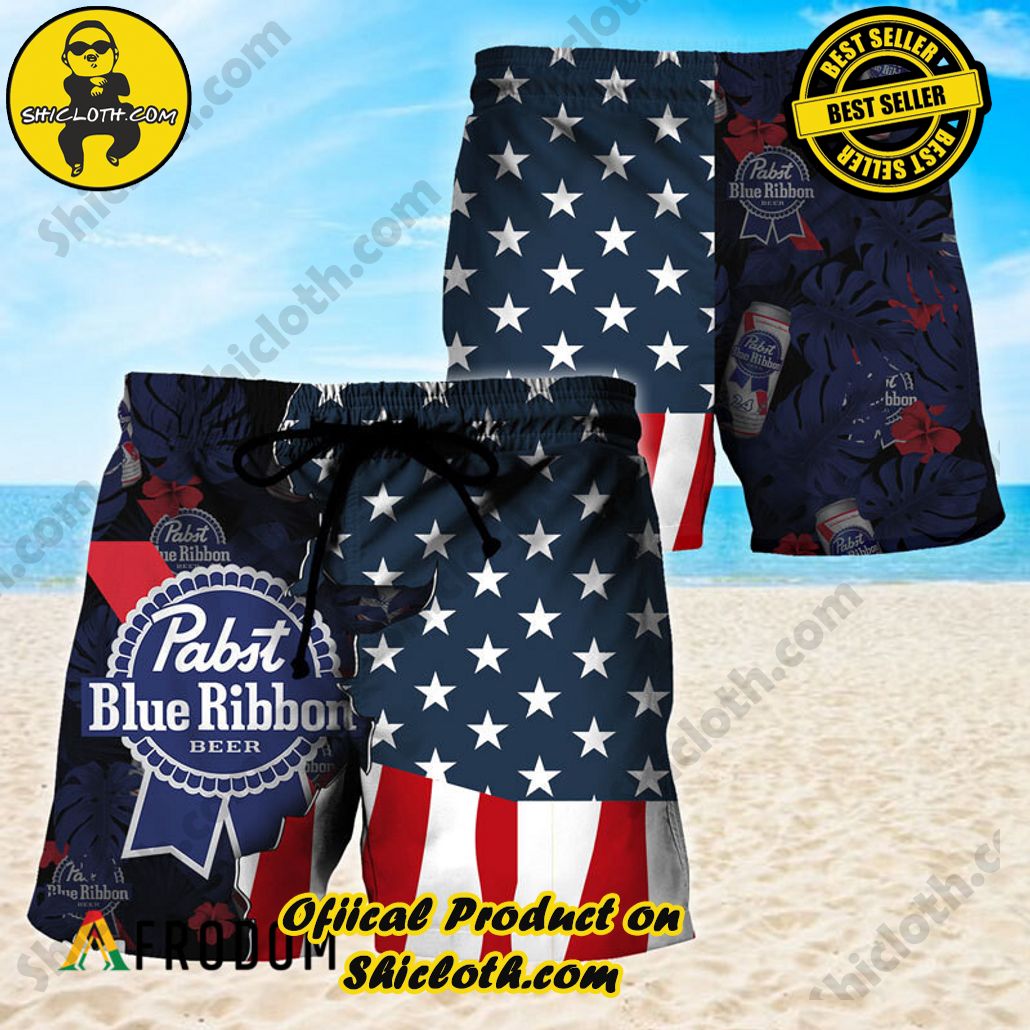 Shicloth's Island Chic: Unleash the Summer Spirit with Our Hawaiian Shirt and Shorts Ensemble 229 USA Tropical Flag Pabst Blue Ribbon Hawaiian Shorts PBR Swim Trunks