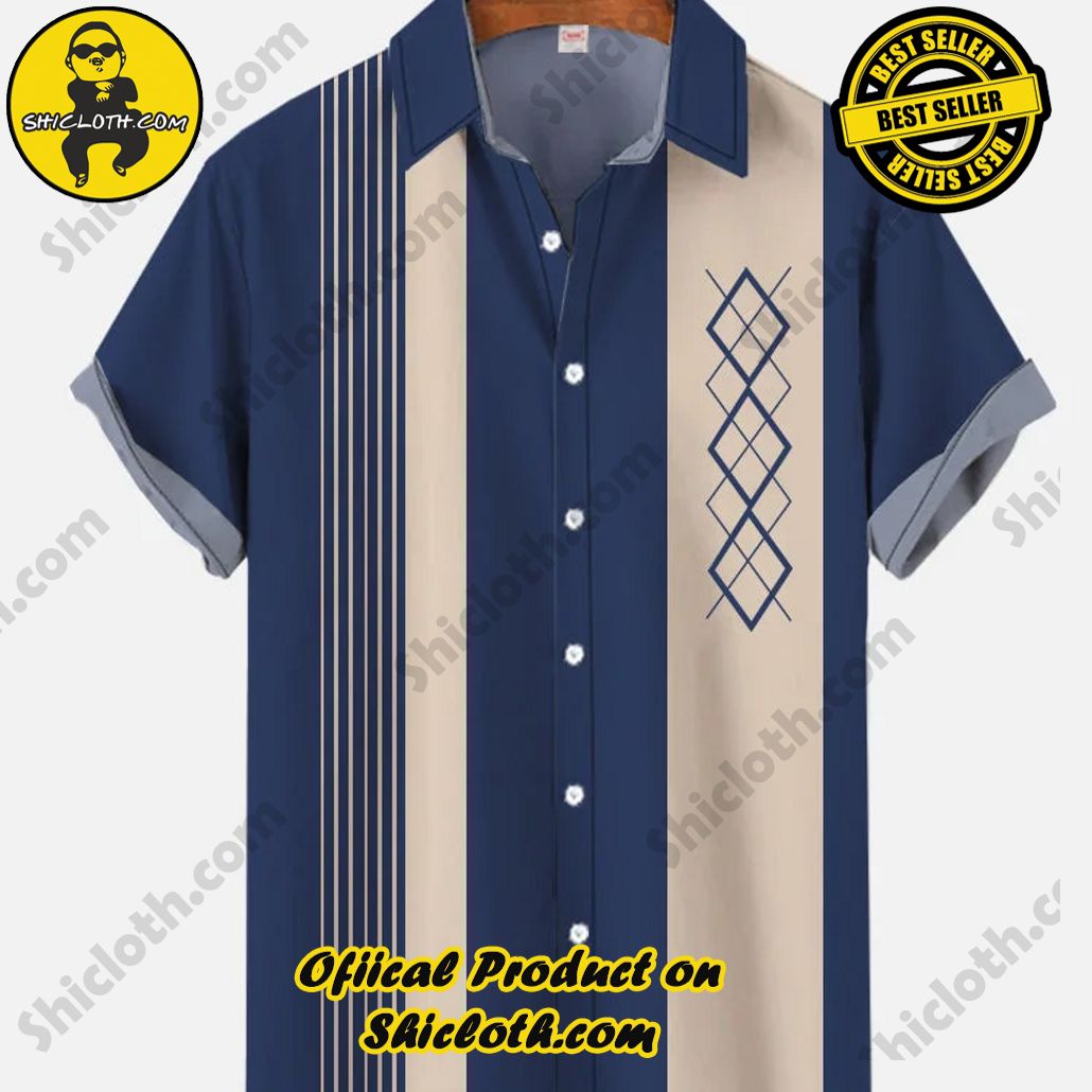 Shiclothshop's Short Sleeve Shirts – Effortless Elegance and Contemporary Comfort 35 Vintage 1950s Linear Geometric Rhombus Pattern Printing Short Sleeve Shirt- Blue