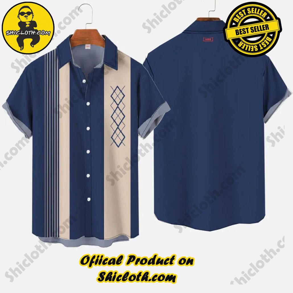 Vintage 1950s Linear Geometric Rhombus Pattern Printing Short Sleeve Shirt- Blue 2 Vintage 1950s Linear Geometric Rhombus Pattern Printing Short Sleeve Shirt- Blue - Image 2