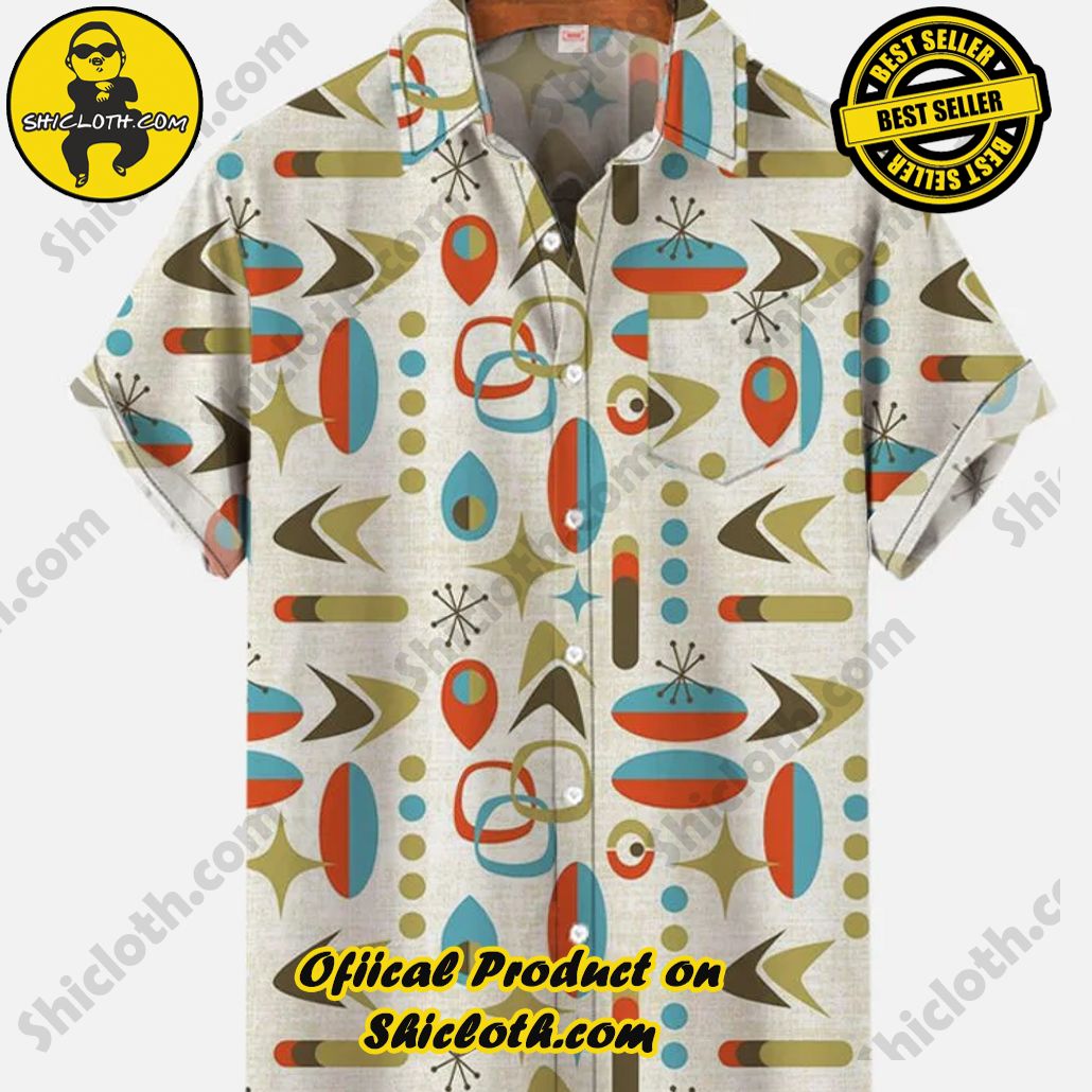 Shicloth's Tropical Elegance: Embrace Summer Vibes with Our Hawaiian Shirt and Shorts Set 67 Vintage Abstract Art Medieval Orange Blue And Green Color Blocks Printing Breast Pocket Short Sleeve Shirt