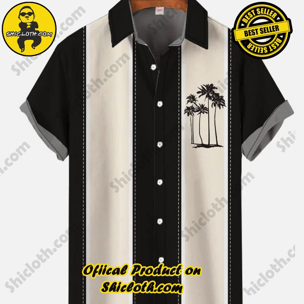 Shicloth's Tropical Elegance: Embrace Summer Vibes with Our Hawaiian Shirt and Shorts Set 70 Vintage Black And Beige Stripe Stitching Palm Tree Island Printing Short Sleeve Shirt