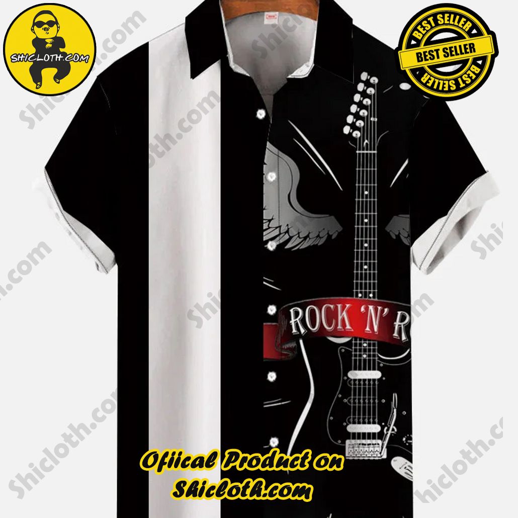Shiclothshop's Short Sleeve Shirts – Effortless Elegance and Contemporary Comfort 38 Vintage Black And White Stitching Black Acoustic Guitar Printing Men's Short Sleeve Shirt