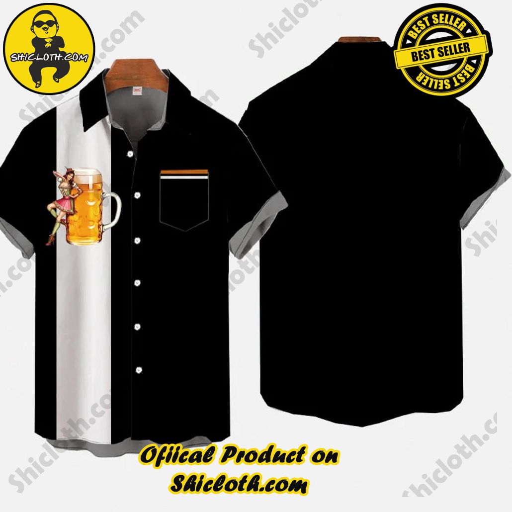 Vintage Black And White Striped Beer Mug Printing Short Sleeve Shirt Vintage Black And White Striped Beer Mug Printing Short Sleeve Shirt