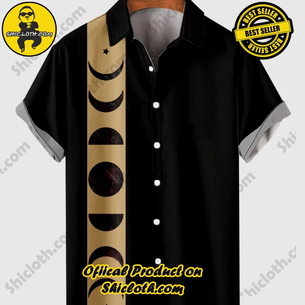 Shiclothshop's Short Sleeve Shirts – Effortless Elegance and Contemporary Comfort 37 Vintage Black & Khaki Stitching Lunar Eclipse Printing Men's Short Sleeve Shirt