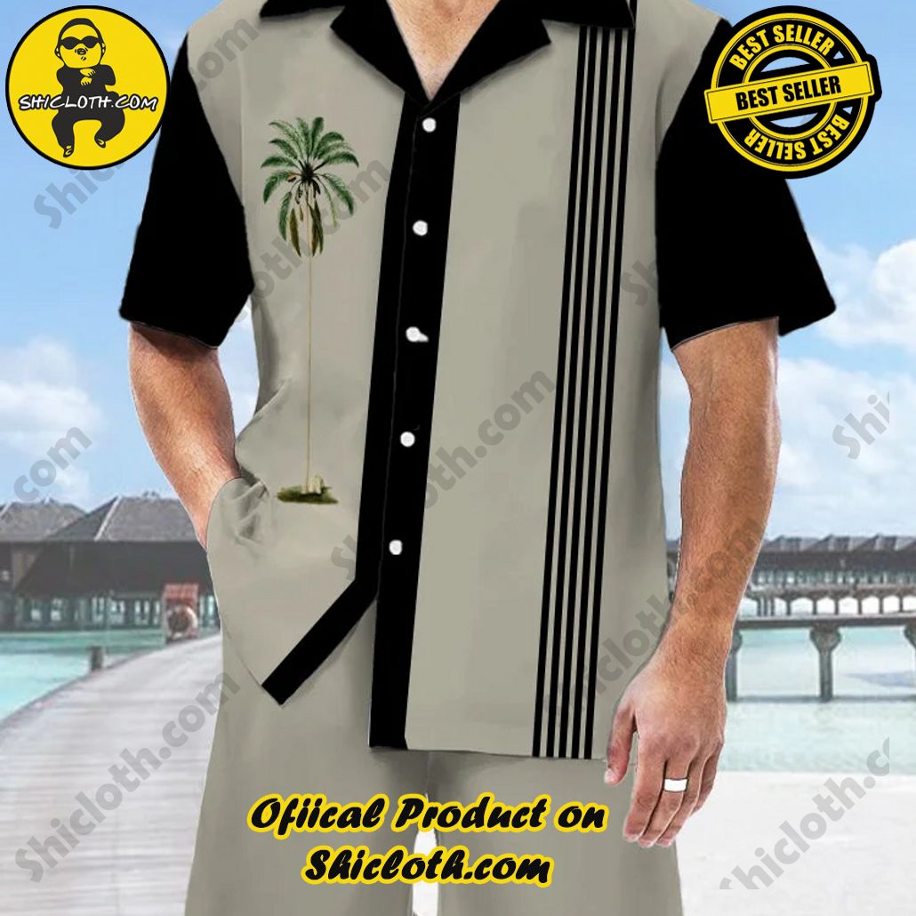 Bare the Breeze: Shiclothshop's Short Sleeve Shirts Unveiled 171 Vintage Black Stripe Coconut Tree Palm Printing Hawaiian Cuban Collar Short Sleeve Shirt Set