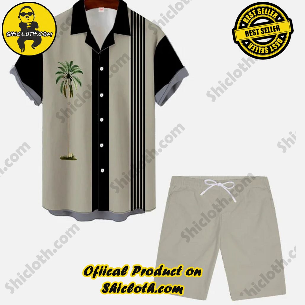 Vintage Black Stripe Coconut Tree Palm Printing Hawaiian Cuban Collar Short Sleeve Shirt Set Vintage Black Stripe Coconut Tree Palm Printing Hawaiian Cuban Collar Short Sleeve Shirt Set
