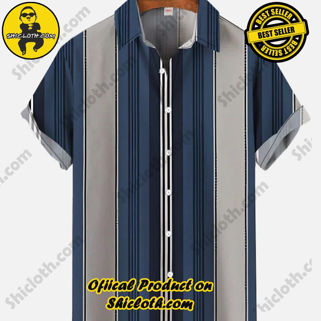 Shicloth's Tropical Elegance: Embrace Summer Vibes with Our Hawaiian Shirt and Shorts Set 74 Vintage Blue And Grey Variegated Stripe Printing Short Sleeve Shirt