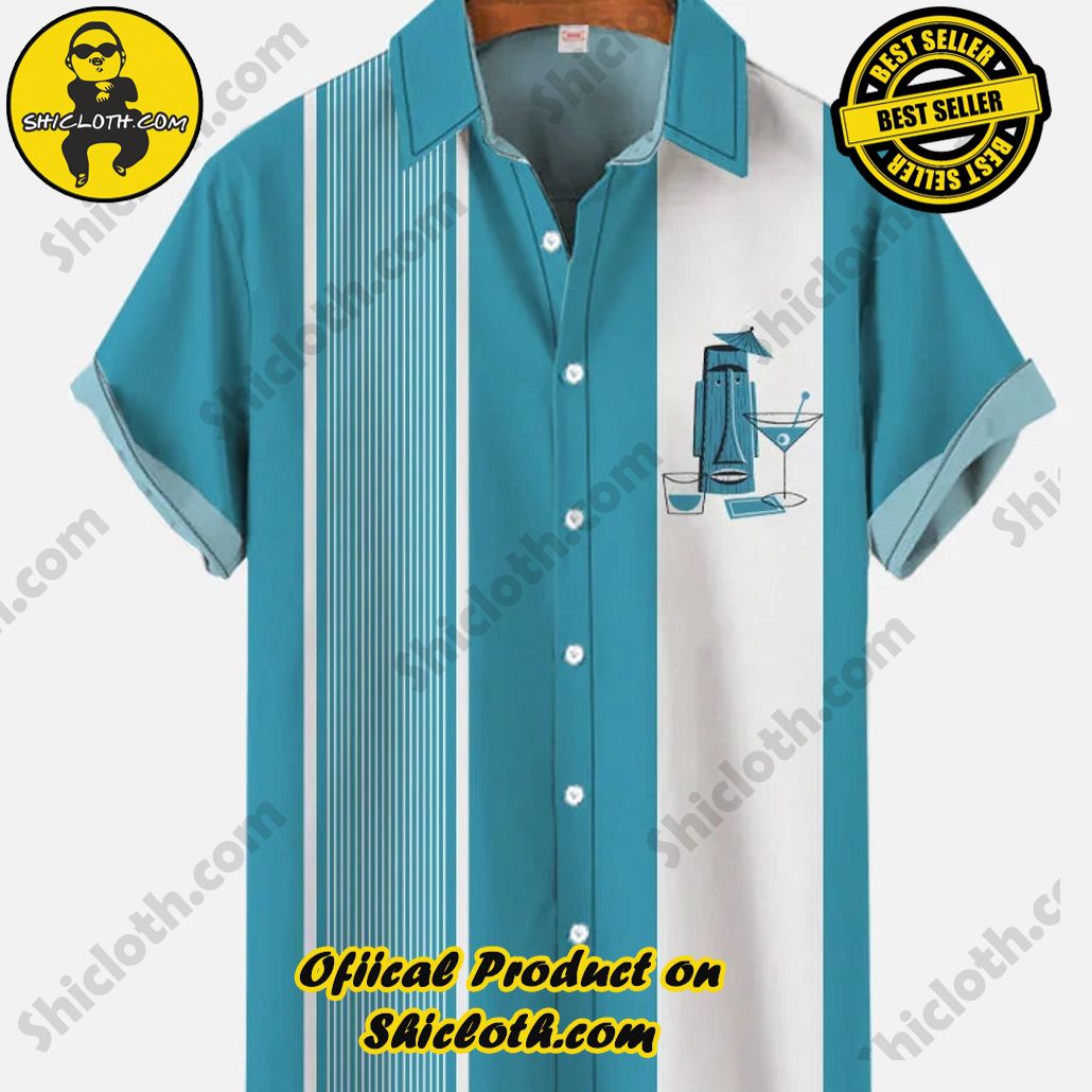 Shicloth's Tropical Elegance: Embrace Summer Vibes with Our Hawaiian Shirt and Shorts Set 75 Vintage Blue And White Stitching Tiki Cocktail Printing Short Sleeve Shirt