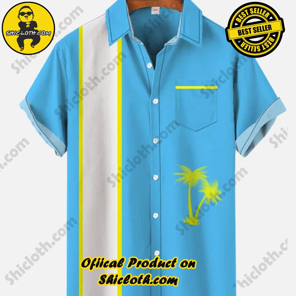 Shicloth's Tropical Elegance: Embrace Summer Vibes with Our Hawaiian Shirt and Shorts Set 76 Vintage Blue And White Stripes Yellow Coconut Printing Breast Pocket Short Sleeve Shirt