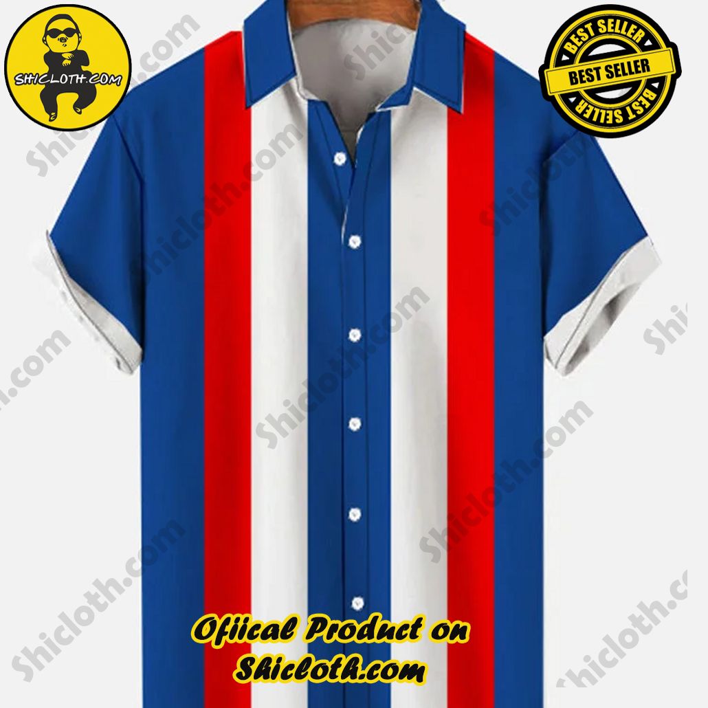 Shiclothshop's Short Sleeve Shirts – Effortless Elegance and Contemporary Comfort 39 Vintage Blue & Red & White Stitching Printing Men's Short Sleeve Shirt