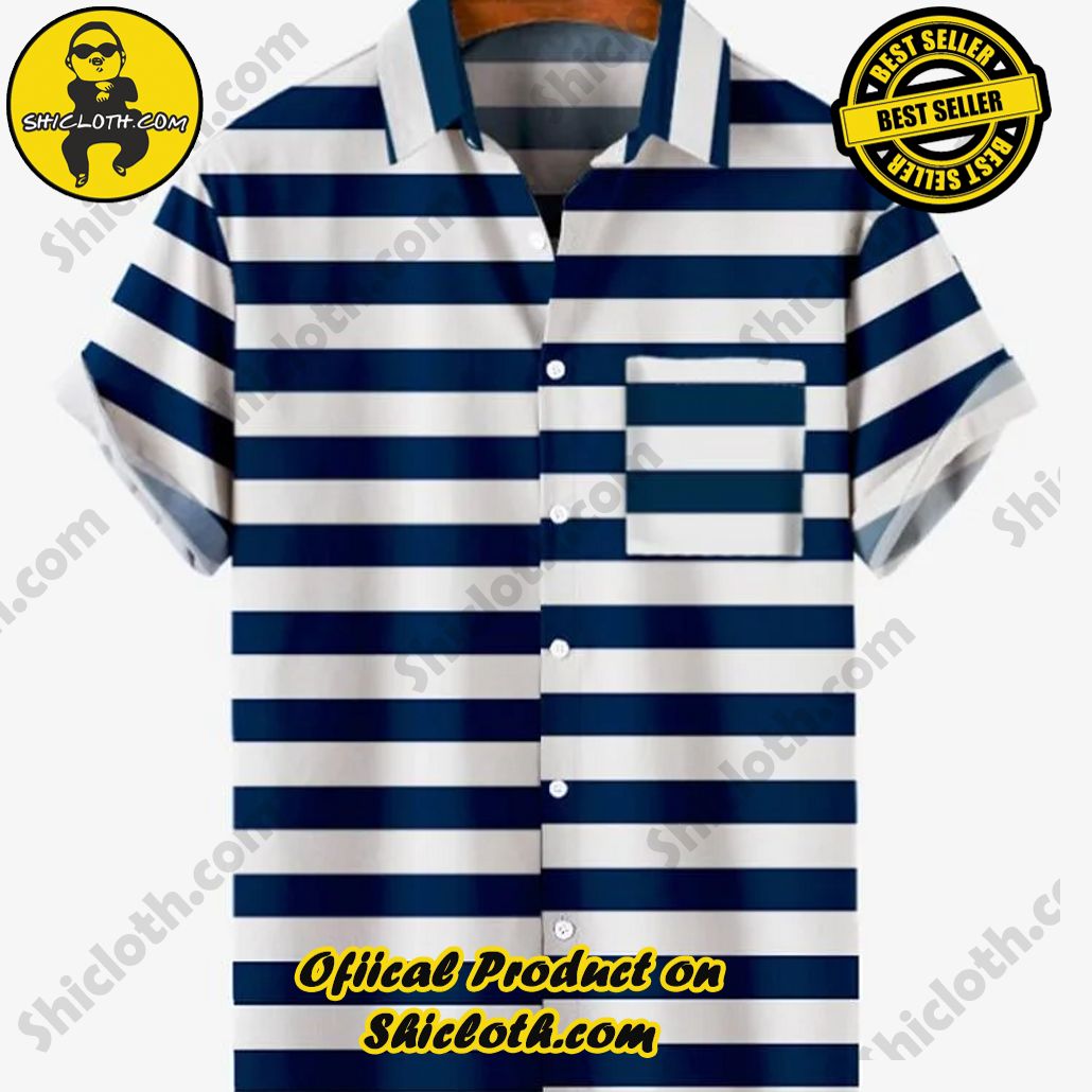 Shicloth's Tropical Elegance: Embrace Summer Vibes with Our Hawaiian Shirt and Shorts Set 78 Vintage Blue-White Horizontal Stripe Turndown Collar Button Down Men's Short Sleeve Shirt