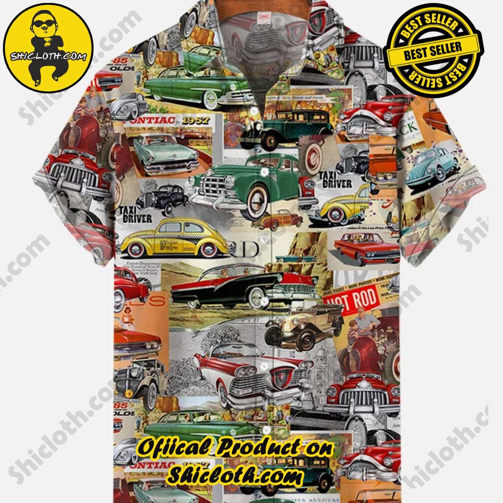 Shicloth's Tropical Elegance: Embrace Summer Vibes with Our Hawaiian Shirt and Shorts Set 79 Vintage Classic Car Newspaper Collection Patchwork Printing Short Sleeve Shirt