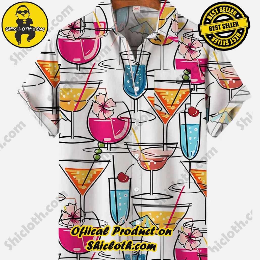 Bare the Breeze: Shiclothshop's Short Sleeve Shirts Unveiled 173 Vintage Colorful Simple Cocktail Glasses Printing Short Sleeve Shirt