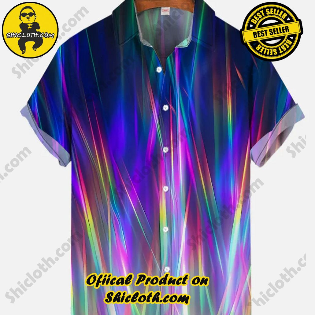 Bare the Breeze: Shiclothshop's Short Sleeve Shirts Unveiled 174 Vintage Disco Psychedelic Gradient Rainbow Neon Light Printing Short Sleeve Shirt