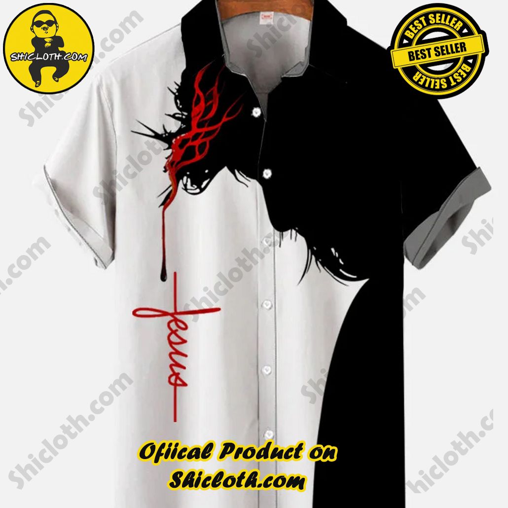 Shicloth's Tropical Elegance: Embrace Summer Vibes with Our Hawaiian Shirt and Shorts Set 80 Vintage Easter Black And White Stitching Jesus Faith Printing Short Sleeve Shirt