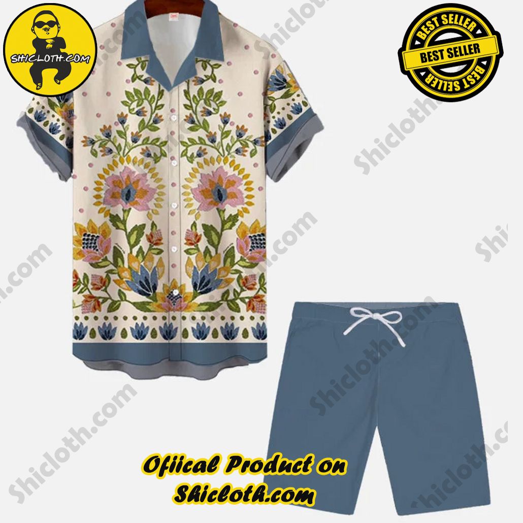 Vintage Floral Printing Hawaiian Cuban Collar Short Sleeve Shirt Set Vintage Floral Printing Hawaiian Cuban Collar Short Sleeve Shirt Set