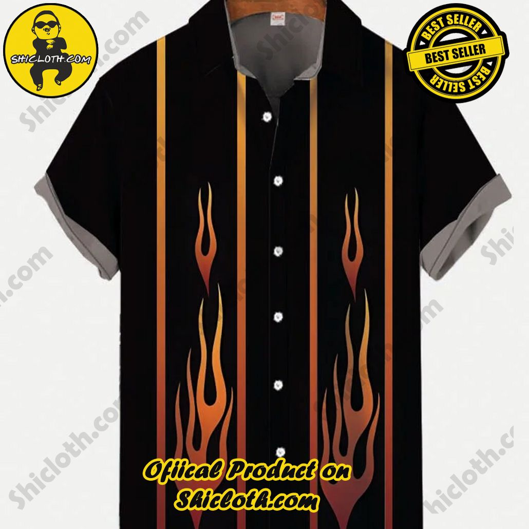 Shicloth's Tropical Elegance: Embrace Summer Vibes with Our Hawaiian Shirt and Shorts Set 83 Vintage Gradient Brown Orange Contrasting Color Fashion Flame Printing Short Sleeve Shirt
