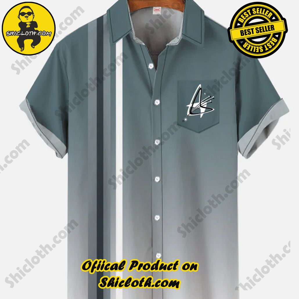 Shicloth's Tropical Elegance: Embrace Summer Vibes with Our Hawaiian Shirt and Shorts Set 84 Vintage Gradient Cyan Stripe Stitching Mid Century Modern Atomic Boomerang Printing Breast Pocket Short Sleeve Shirt