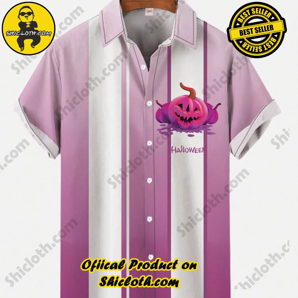 Bare the Breeze: Shiclothshop's Short Sleeve Shirts Unveiled 82 Vintage Gradient Purple And White Stripes Halloween Pumpkin Printing Short Sleeve Shirt