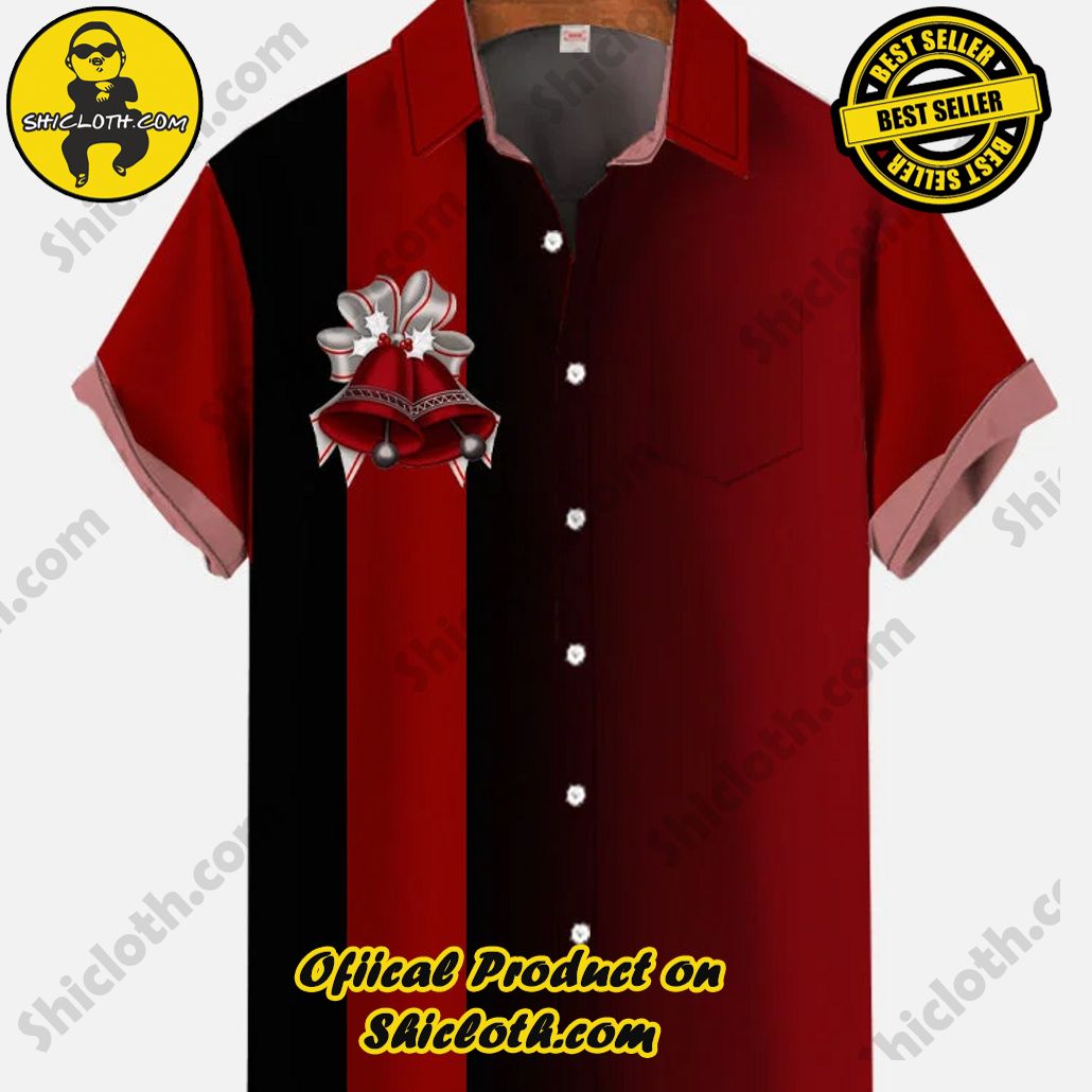 Bare the Breeze: Shiclothshop's Short Sleeve Shirts Unveiled 83 Vintage Gradient Red And Black Stripes Christmas Bells Printing Breast Pocket Short Sleeve Shirt